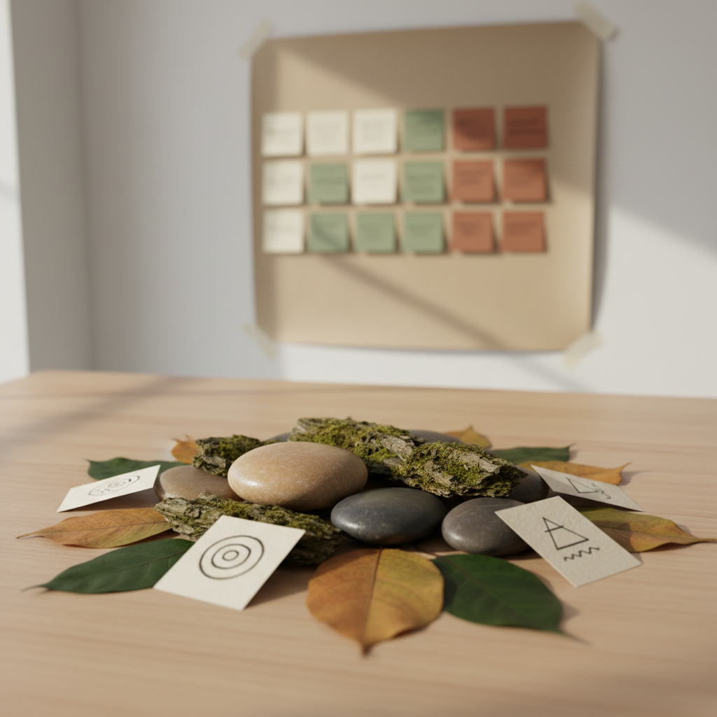 A circular arrangement of natural materials laid out on a smooth, light wooden table: polished river stones, pieces of moss-covered bark, delicately veined autumn leaves in greens and ochres, and small hand-drawn cards with simple geometric symbols. In the background, a large blank kraft paper sheet is taped to a white wall, covered with neatly arranged sticky notes in earthy tones. Soft, diffused daylight from an unseen window creates gentle highlights on the stones and subtle shadows from the leaves. Photographic realism, shot at eye level with a shallow depth of field, foreground in crisp focus, background softly blurred. The atmosphere is calm, professional, and contemplative, evoking collective intelligence and nature-inspired facilitation.