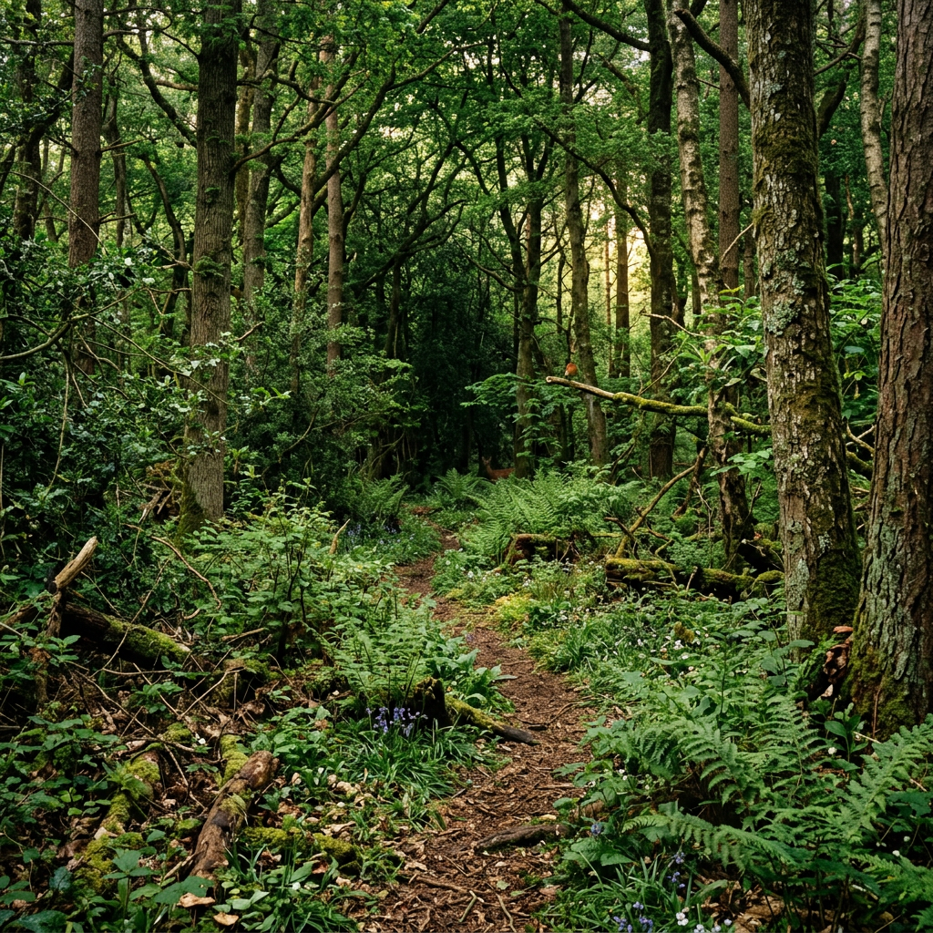 Narrow dirt trail winding through dense forest with tall trees and green foliage
